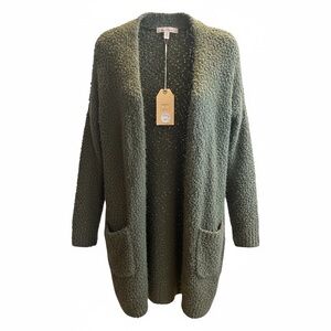 Love Tree Olive Green Bouclé Open Cardigan with Pockets